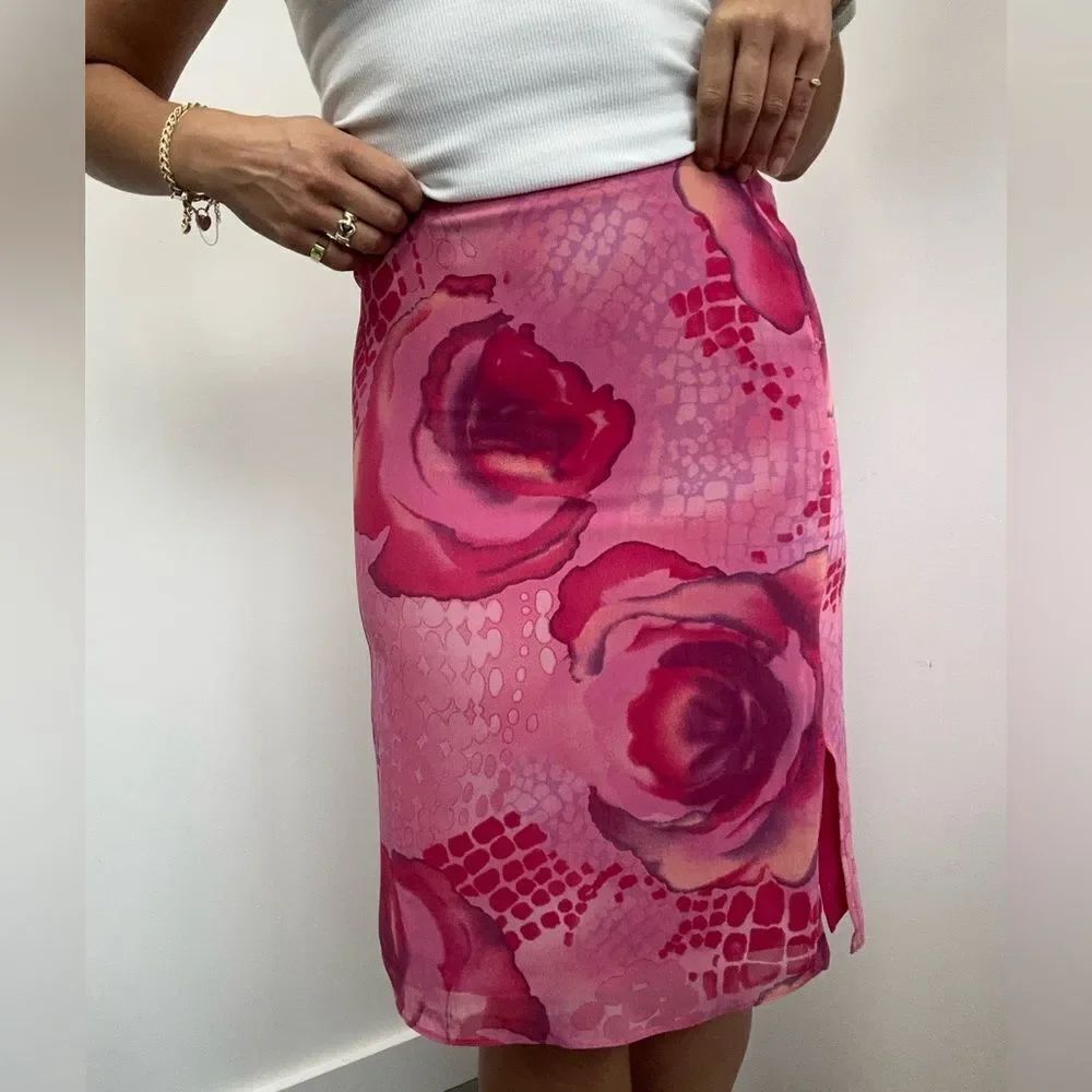Vintage Y2K Guess Collection Pink Floral Rose Chiffon Pencil Mini Skirt Size 0